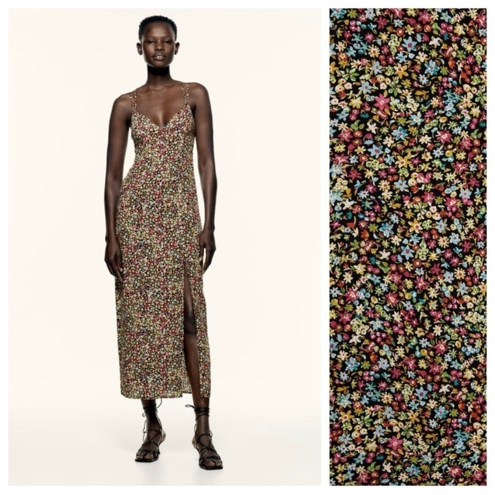 ZARA Ditsy Floral Strappy Midi Crossback Slit V-Neck Midi Dress Multi Women XS